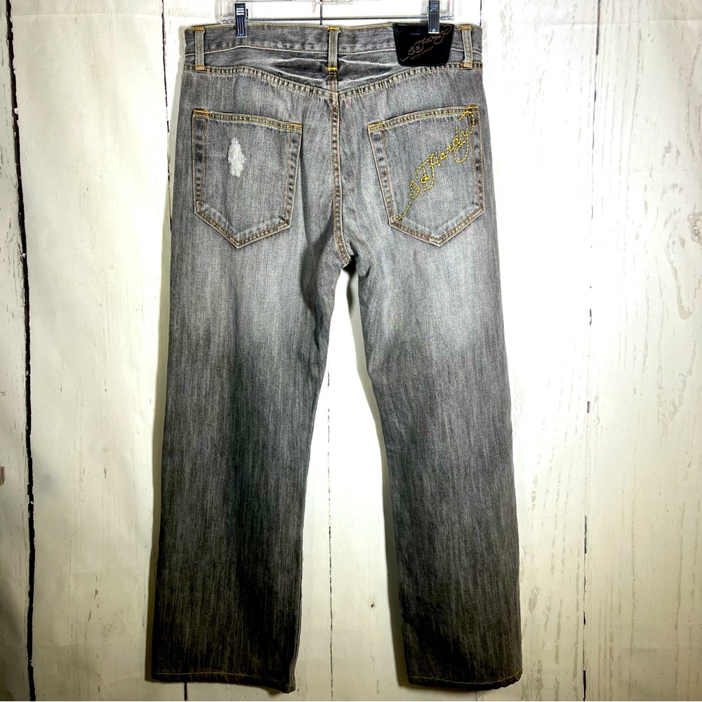 Ed Hardy Straight Leg Y2K Distressed Destroyed Embroidered Denim Jeans Size 36